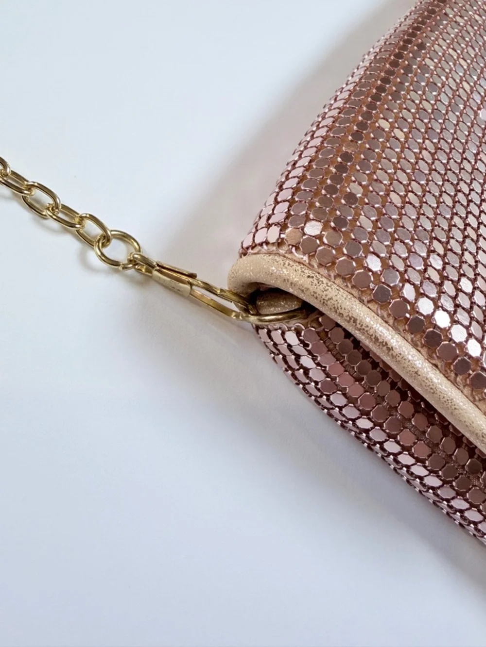 Metallic Rose Gold Clutch Crossbody Bag with Gold Chain‎ Detachable Strap